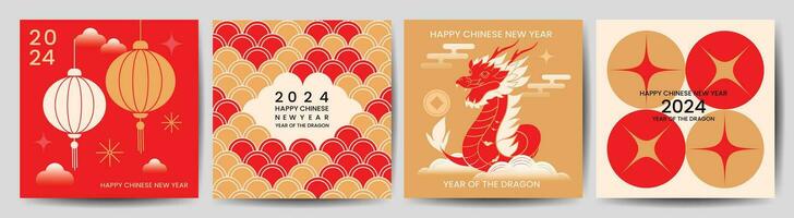 Chinese New Year square cover background vector. Year of the dragon design with dragon, lantern, firework, pattern, cloud. Modern oriental illustration for cover, banner, website, social media. vector