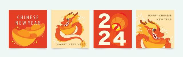Chinese New Year square cover background vector. Year of the dragon design with dragon, lantern, firework, ingots gold. Modern oriental illustration for cover, banner, website, social media. vector