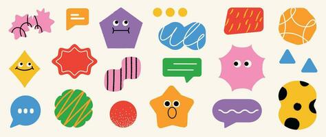 Set of abstract retro geometric shapes vector. Collection of contemporary figure, speech bubble, star, eye in funky groovy style. Bauhaus Memphis design element perfect for banner, print, sticker. vector