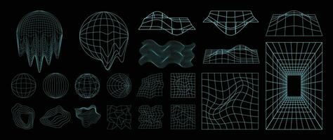 Collection of futuristic cyberpunk style element. Geometric wireframe of circle, earth, distortion, grid with light blue color. Retro graphic on black background for decoration, cover, poster. vector