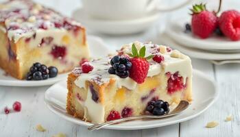 AI generated a piece of cake with berries and cream on a white plate photo