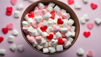 AI generated a bowl of marshmallows with hearts on top photo