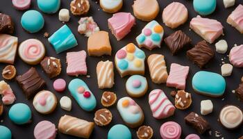 AI generated assortment of colorful sweets on a black background photo