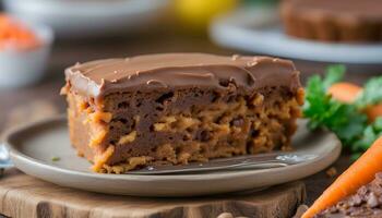 AI generated a piece of carrot cake with chocolate frosting on a plate photo