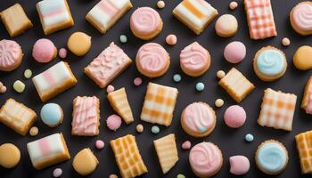 AI generated many different kinds of cookies and candies on a black background photo
