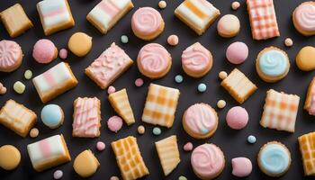 ai generado muchos diferente tipos de galletas y golosinas en un negro antecedentes foto