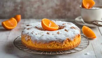 AI generated a cake with powdered sugar and oranges on a wire rack photo