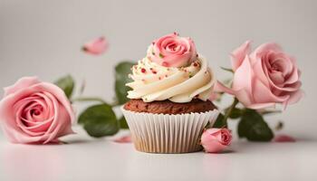 AI generated cupcake with pink roses on a gray background photo