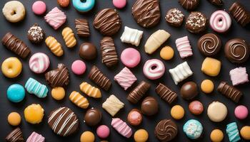 AI generated assortment of chocolate and other sweets on a black background photo