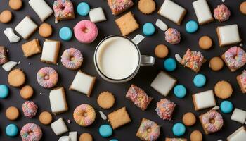 AI generated a cup of milk and cookies surrounded by cookies photo