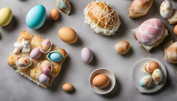 AI generated a variety of colorful eggs and pastries on a table photo