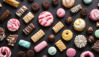 AI generated assortment of colorful sweets on a black background photo