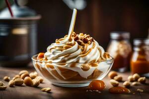 AI generated caramel ice cream with nuts and whipped cream in a glass bowl photo