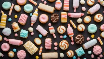 AI generated many different kinds of cookies and sweets on a black background photo