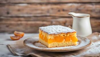 ai generado un pedazo de pastel en un plato con en polvo azúcar foto