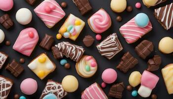 ai generado muchos diferente tipos de galletas y caramelo en un negro antecedentes foto