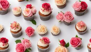 AI generated many cupcakes with pink and white frosting photo