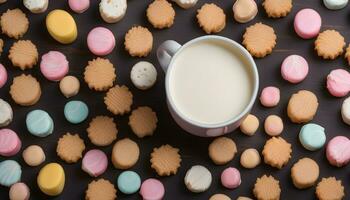 AI generated a cup of milk and cookies on a table photo