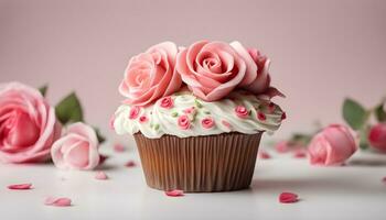 AI generated a cupcake with pink roses on a pink background photo