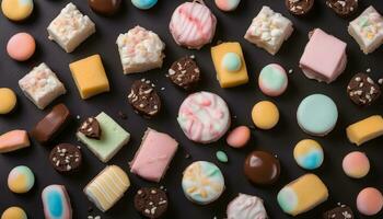 AI generated assorted colorful sweets on a black background photo