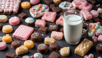 ai generado un vaso de Leche y clasificado dulces en un negro antecedentes foto