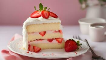 AI generated a slice of strawberry cake on a plate photo