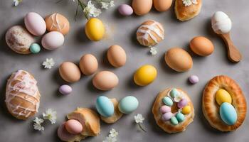 AI generated easter eggs and pastries on a gray background photo