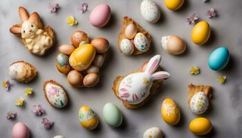 ai generado Pascua de Resurrección huevos decorado con flores y decorado con conejito orejas foto