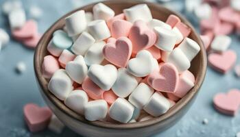 AI generated a bowl of marshmallows with hearts in them photo