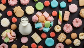 AI generated assortment of cookies and milk on a black background photo