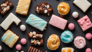 AI generated various types of chocolate and cookies on a black background photo