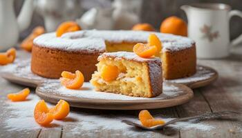 ai generado un pastel con naranja rebanadas en un de madera mesa foto