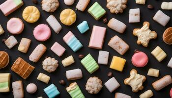 AI generated assorted cookies and pastries on a black background photo