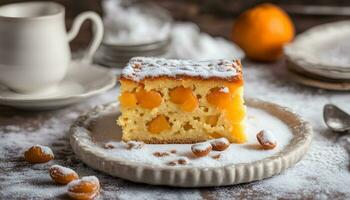 ai generado un pedazo de pastel con naranja rebanadas en un plato foto