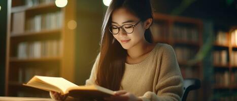 ai generado joven asiático mujer absorto en un libro en un biblioteca. ai generativo. foto