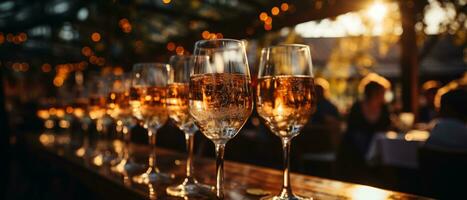 AI generated Bright and cheerful close-up of champagne glasses with fizzing bubbles, set on a table with festive decorations. photo