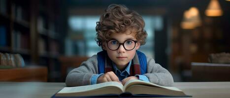 AI generated Young reader in sweater and glasses, absorbed in enchanting story,. AI generative. photo