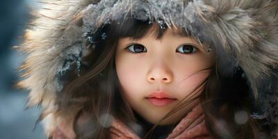 AI generated Young girl in fur coat with intense gaze. AI generative. photo