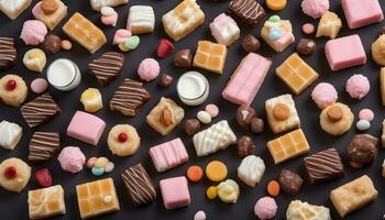AI generated assorted sweets and candies on a black background photo