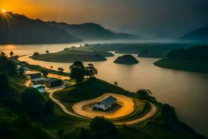 un hermosa amanecer terminado un lago y un pequeño casa. generado por ai foto