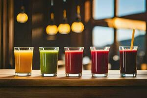 five different juices are lined up on a table. AI-Generated photo