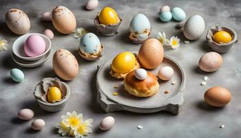ai generado vistoso Pascua de Resurrección huevos en un gris antecedentes foto