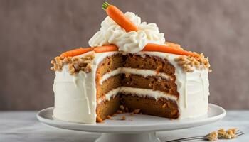 AI generated a carrot cake with frosting and a carrot on top photo