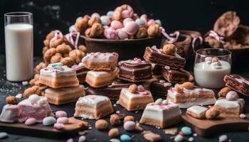 AI generated assortment of chocolate and candies on a dark background photo