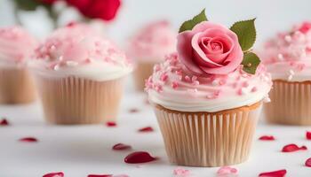 AI generated cupcakes with pink frosting and a rose photo