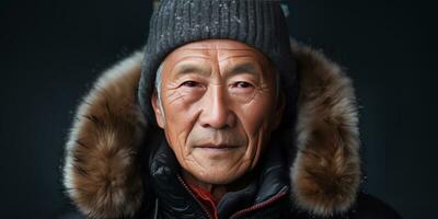 AI generated Asian senior man in winter attire, with beanie and jacket. AI generative. photo