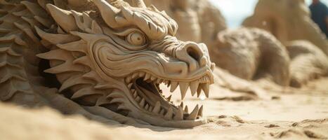 AI generated Intricate sand dragon sculpture on a beach. AI generative. photo