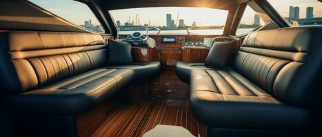 AI generated Luxury boat interior at sunset, ambient lighting. AI generative. photo