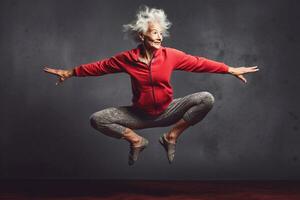 AI generated mature elderly woman, pensioner, smiling happily, does lifestyle gymnastics for health in gym. photo