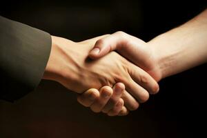 AI generated Strong friendly partnership business handshake of two male hands, dark background isolate. photo